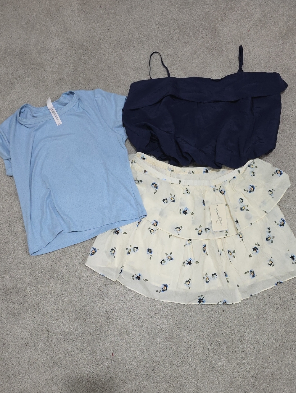 3-Piece Summer Top Bundle - Light Blue Tee, Navy Crop, Floral Ruffle Skirt